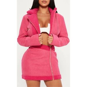 Fashion Nova Pink Suede Cropped Jacket + Skirt Set